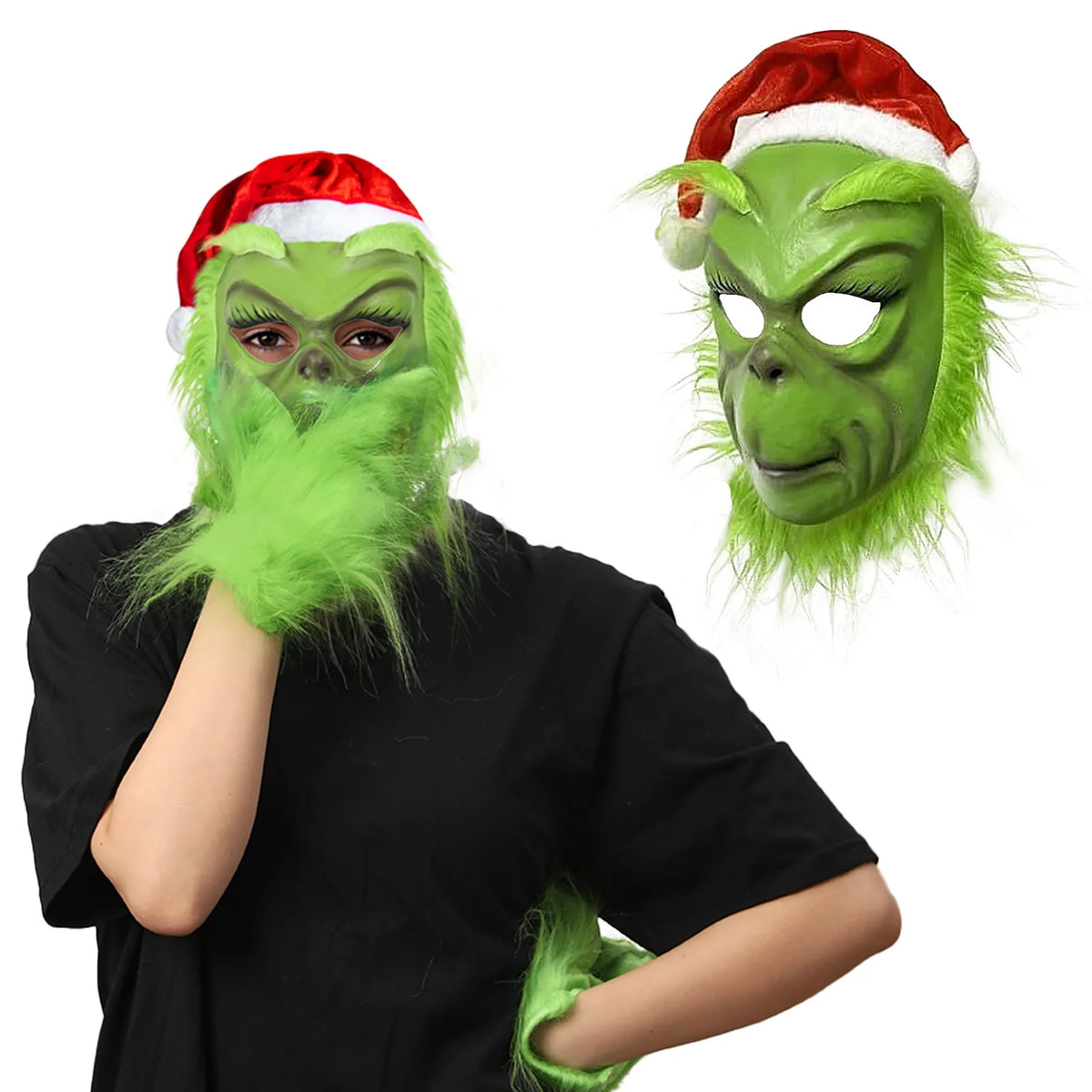 A worn view and isolated green monster mask show the selected face design. The design has long lashes and a red hat.