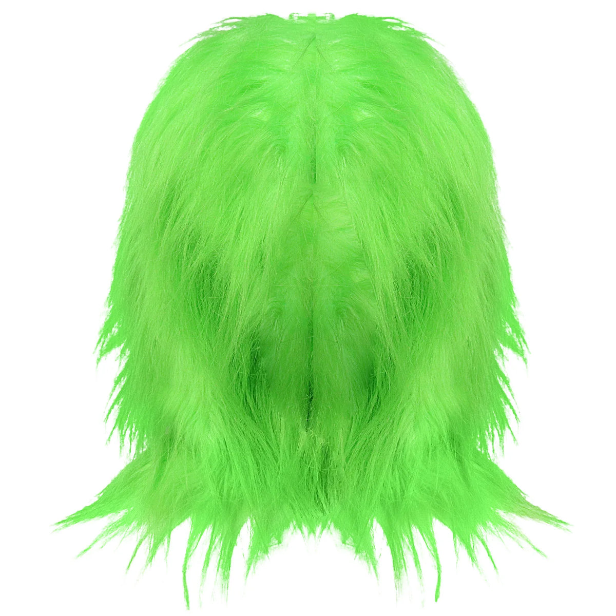 The back of the green monster mask is covered with long bright green hair.