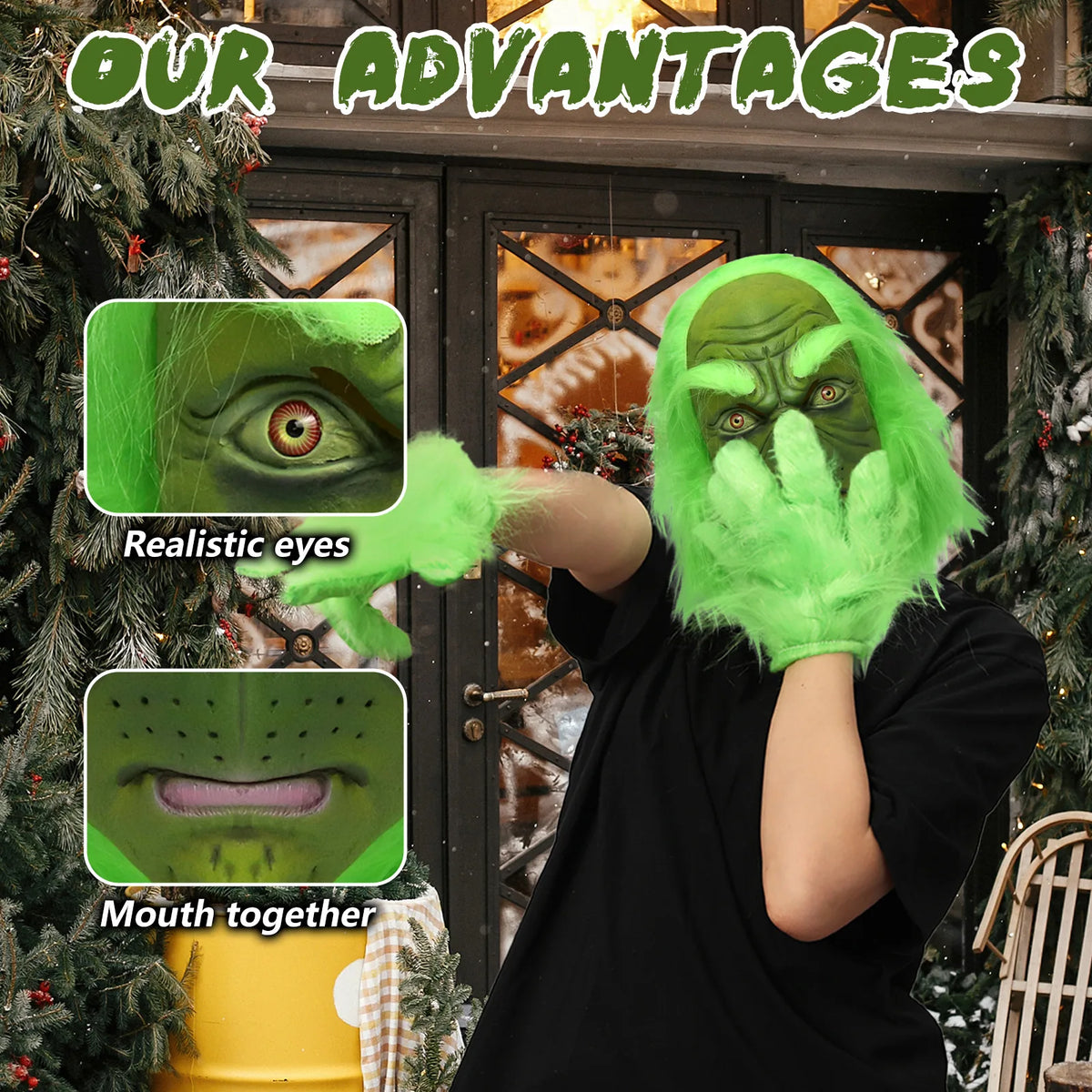 The green monster mask feature panels highlight its eyes and sculpted mouth. This hatless style has long green hair.