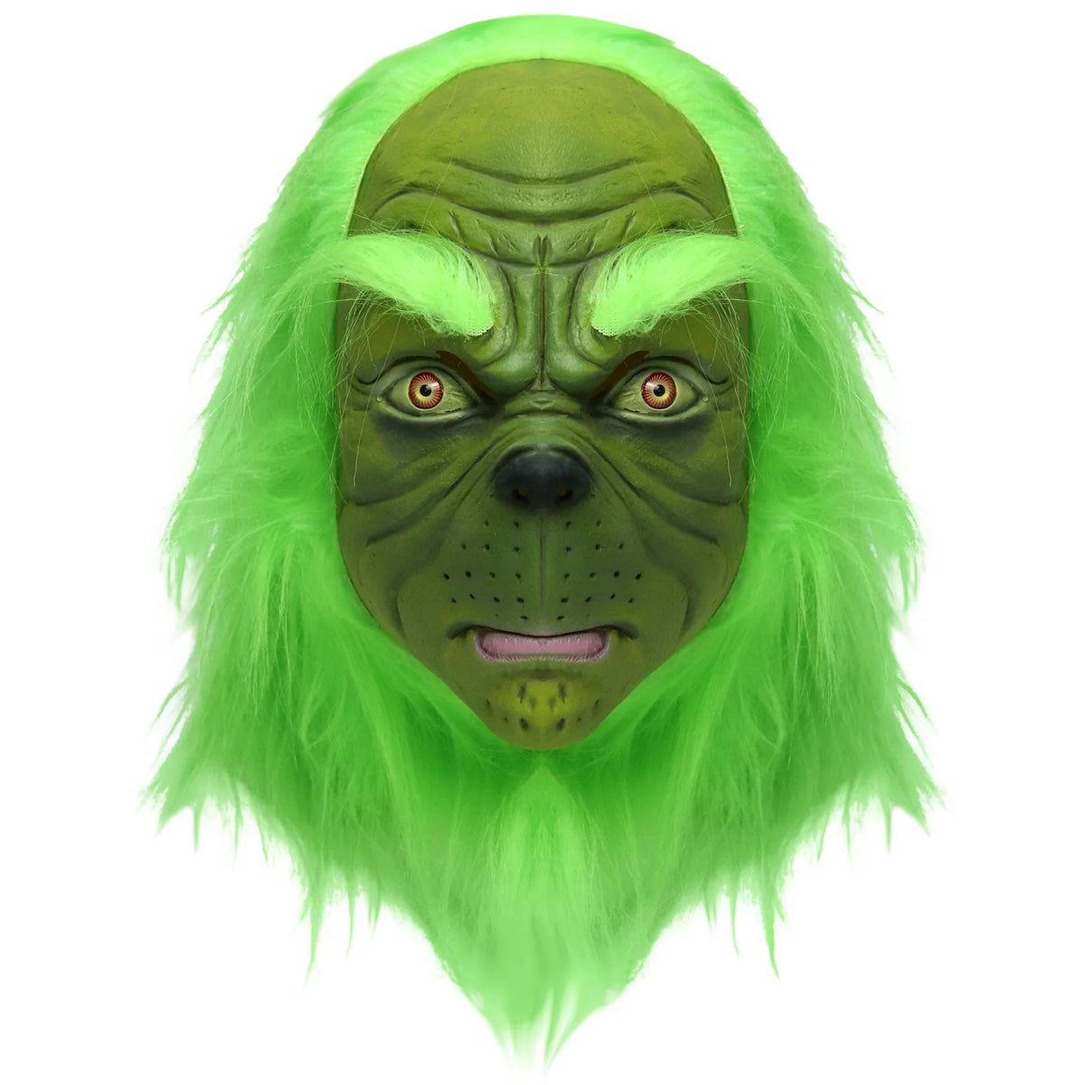 The hatless green monster mask front shows fur eyebrows and a wrinkled green face.