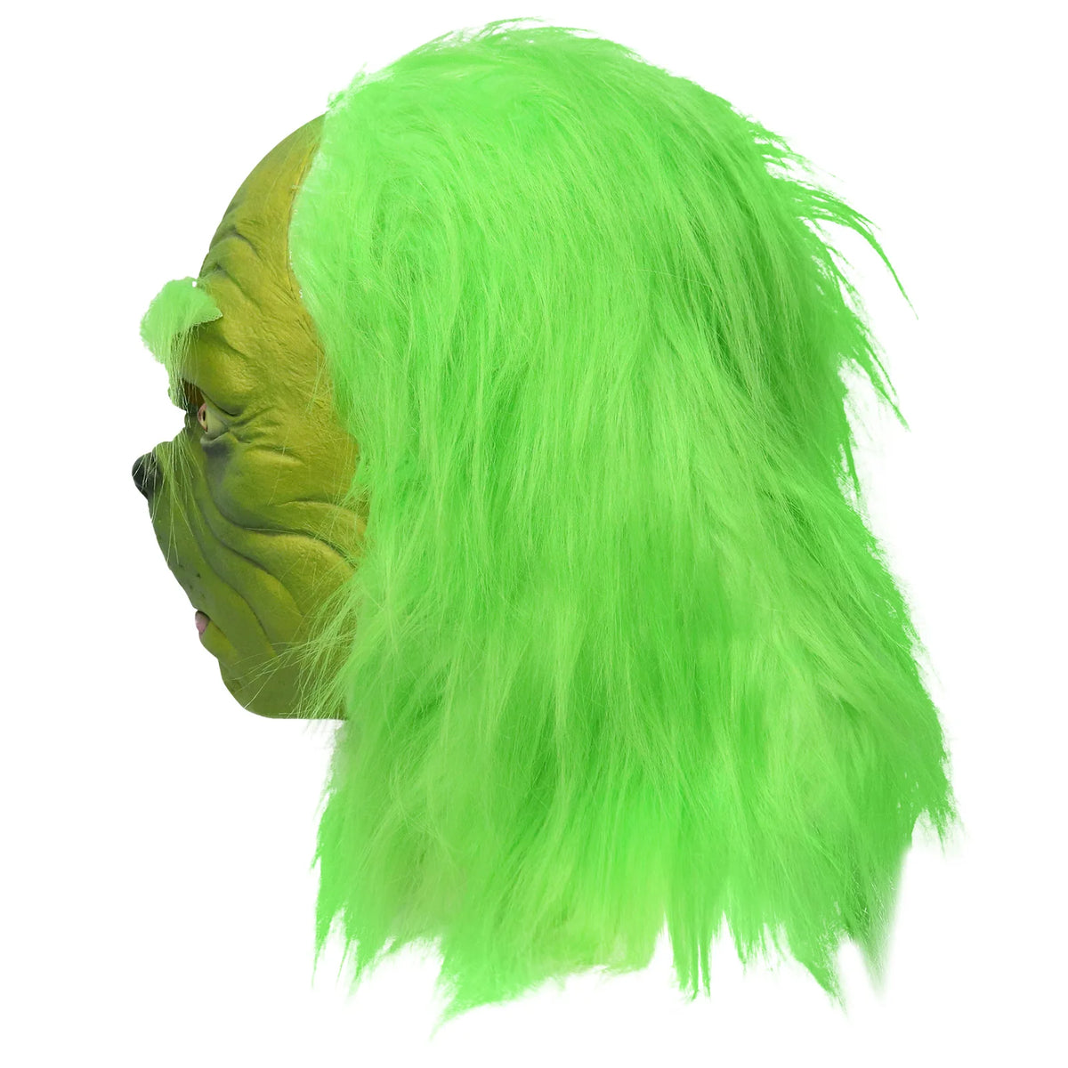 The green monster mask left profile shows the projecting nose and long green hair.