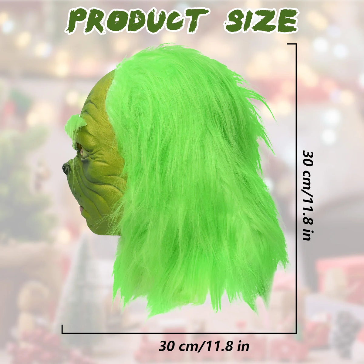 The green monster mask size graphic labels outside dimensions of 30 by 30 centimeters. This hatless style has long green hair.