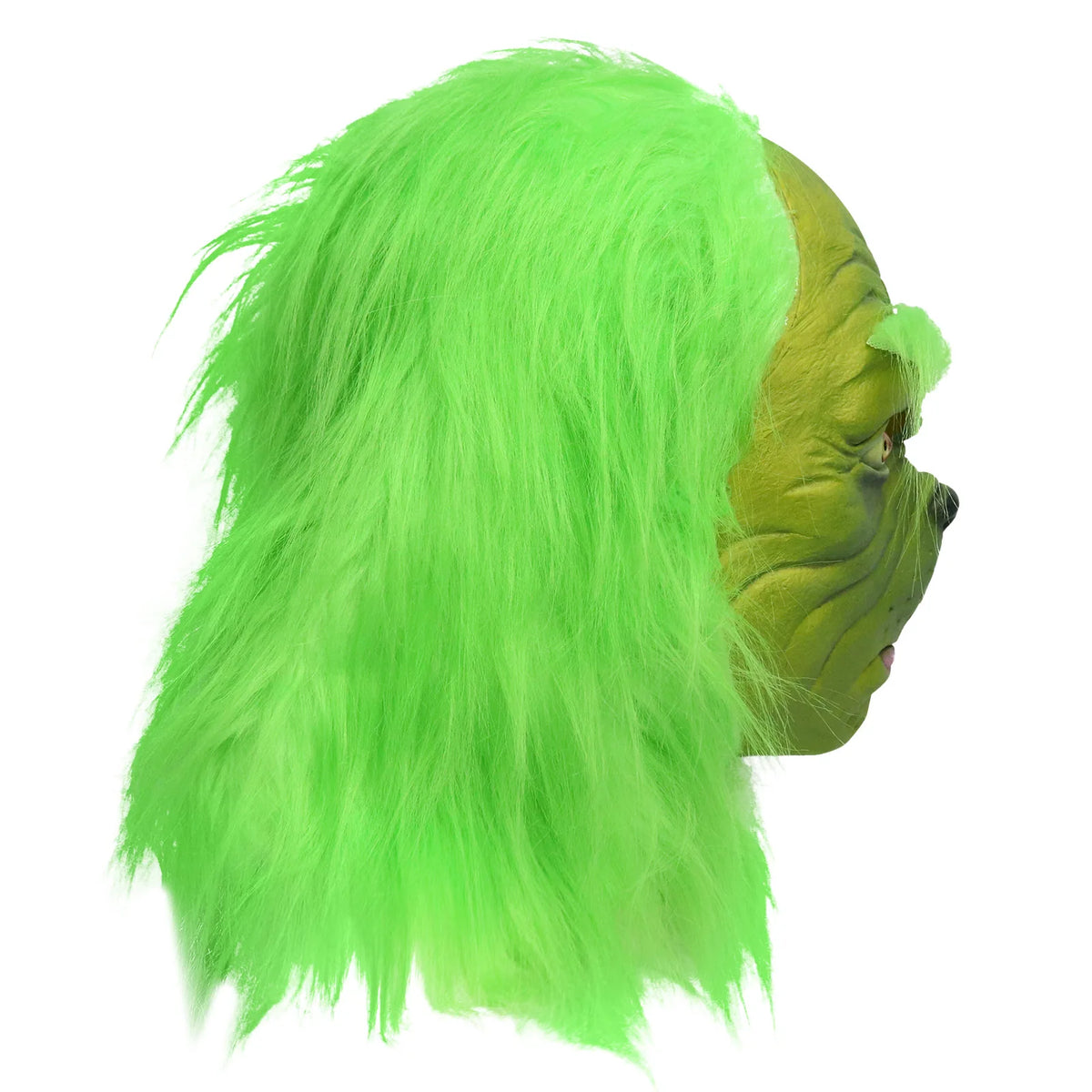 A rear-quarter view shows green hair surrounding the hatless green monster mask.