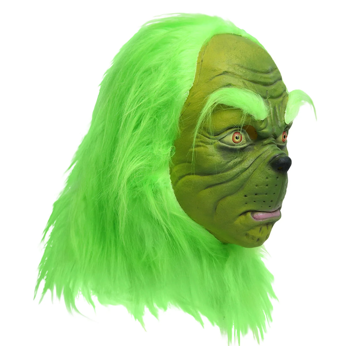 The green monster mask right profile shows its sculpted face beneath bright green hair.