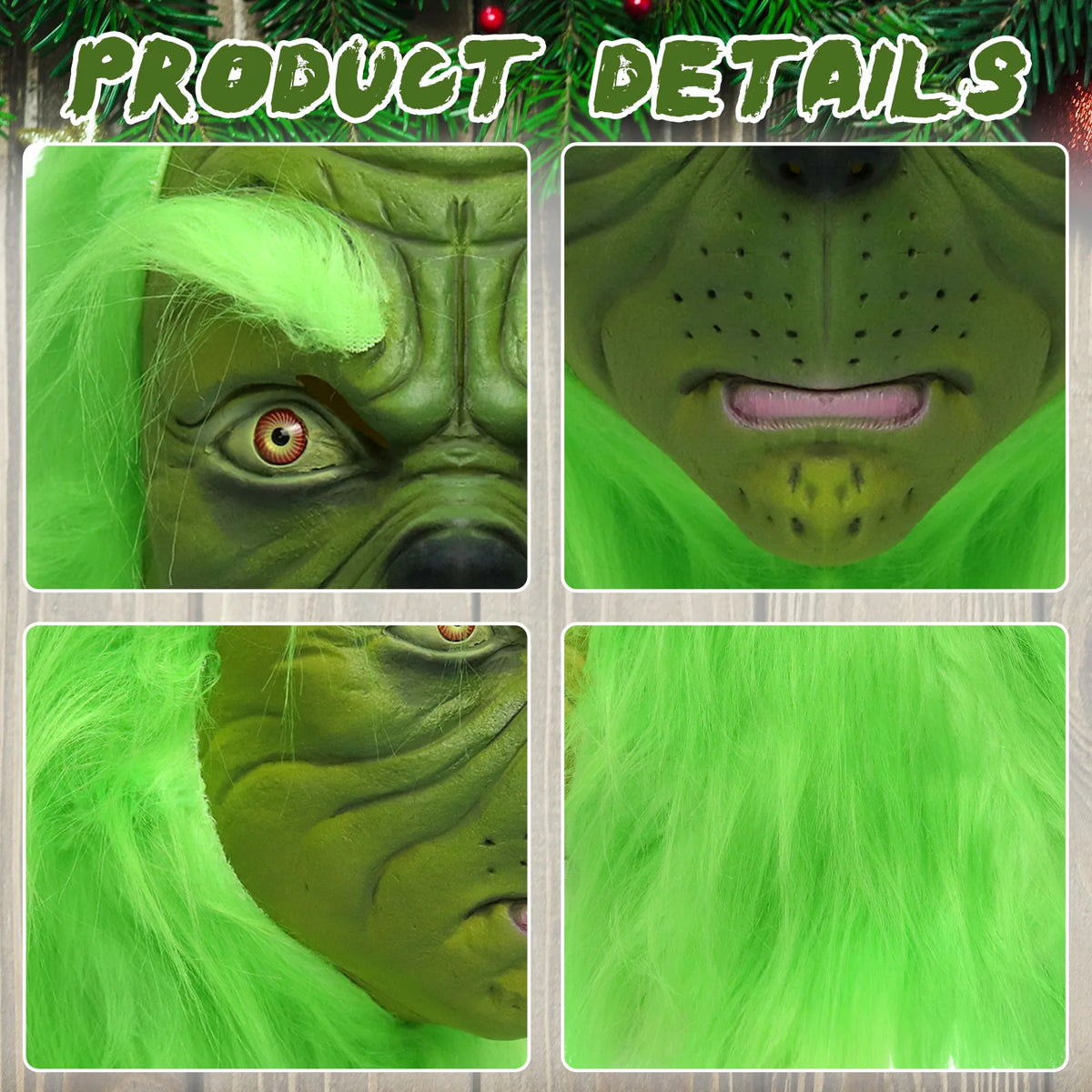 Close detail panels show the green monster mask face and attached green hair. This hatless style has long green hair.