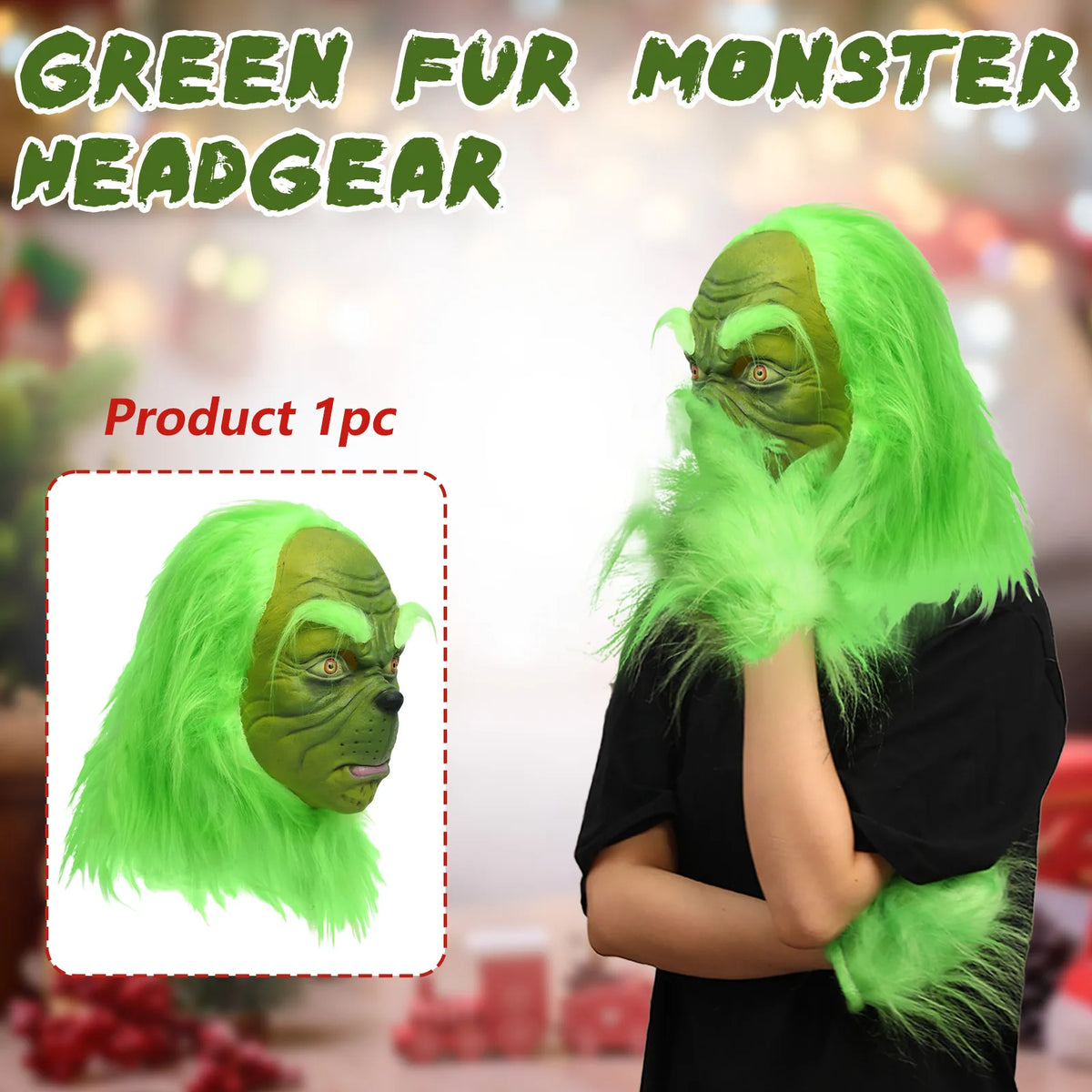 The green monster mask information graphic identifies one headpiece beside a styled model. This hatless style has long green hair.