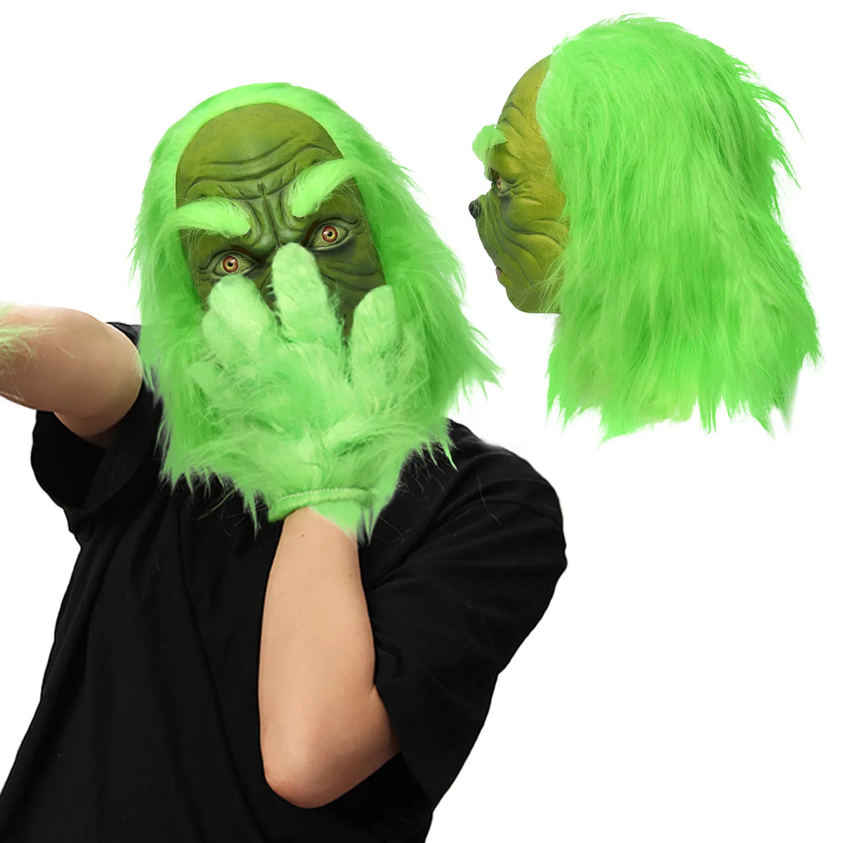 A worn view and isolated green monster mask show the selected face design. This hatless style has long green hair.