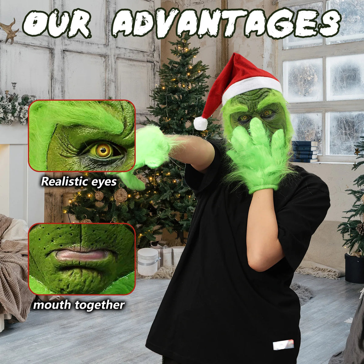 The green monster mask feature panels highlight its eyes and sculpted mouth. This style has a wrinkled face and red hat.