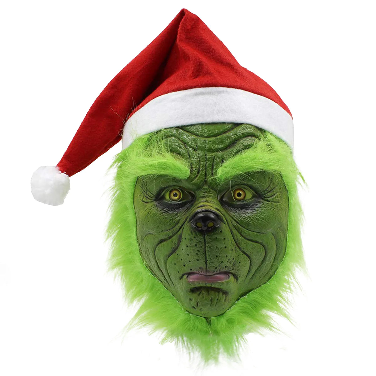 The front of this green monster mask shows yellow eyes below a red Santa hat.