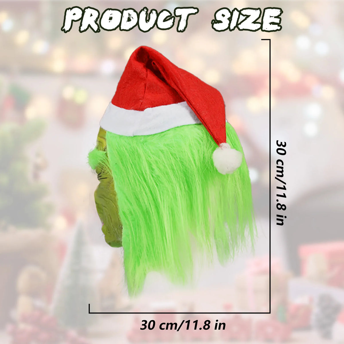 The green monster mask size graphic labels outside dimensions of 30 by 30 centimeters. This style has a wrinkled face and red hat.