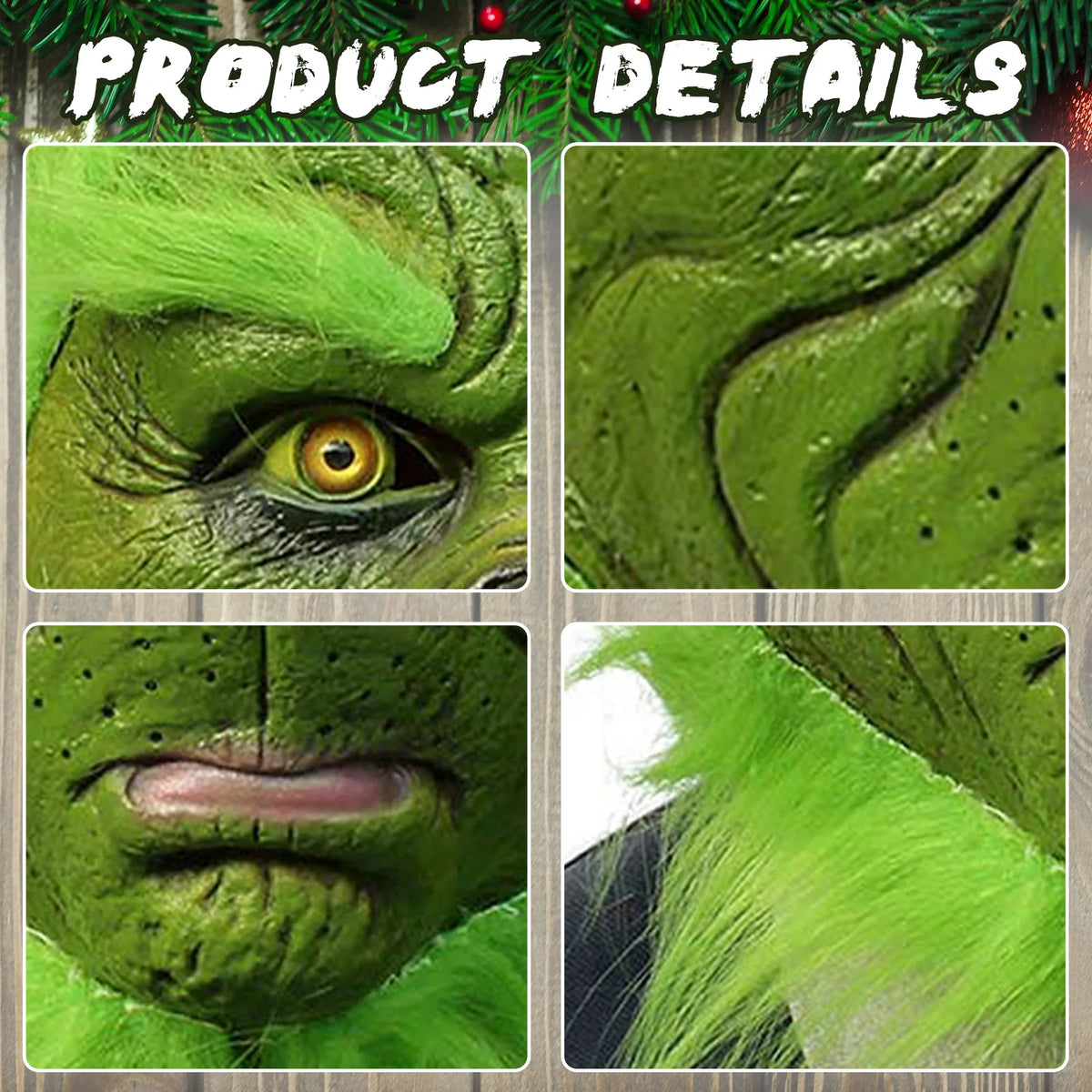 Close detail panels show the green monster mask face and attached green hair. This style has a wrinkled face and red hat.