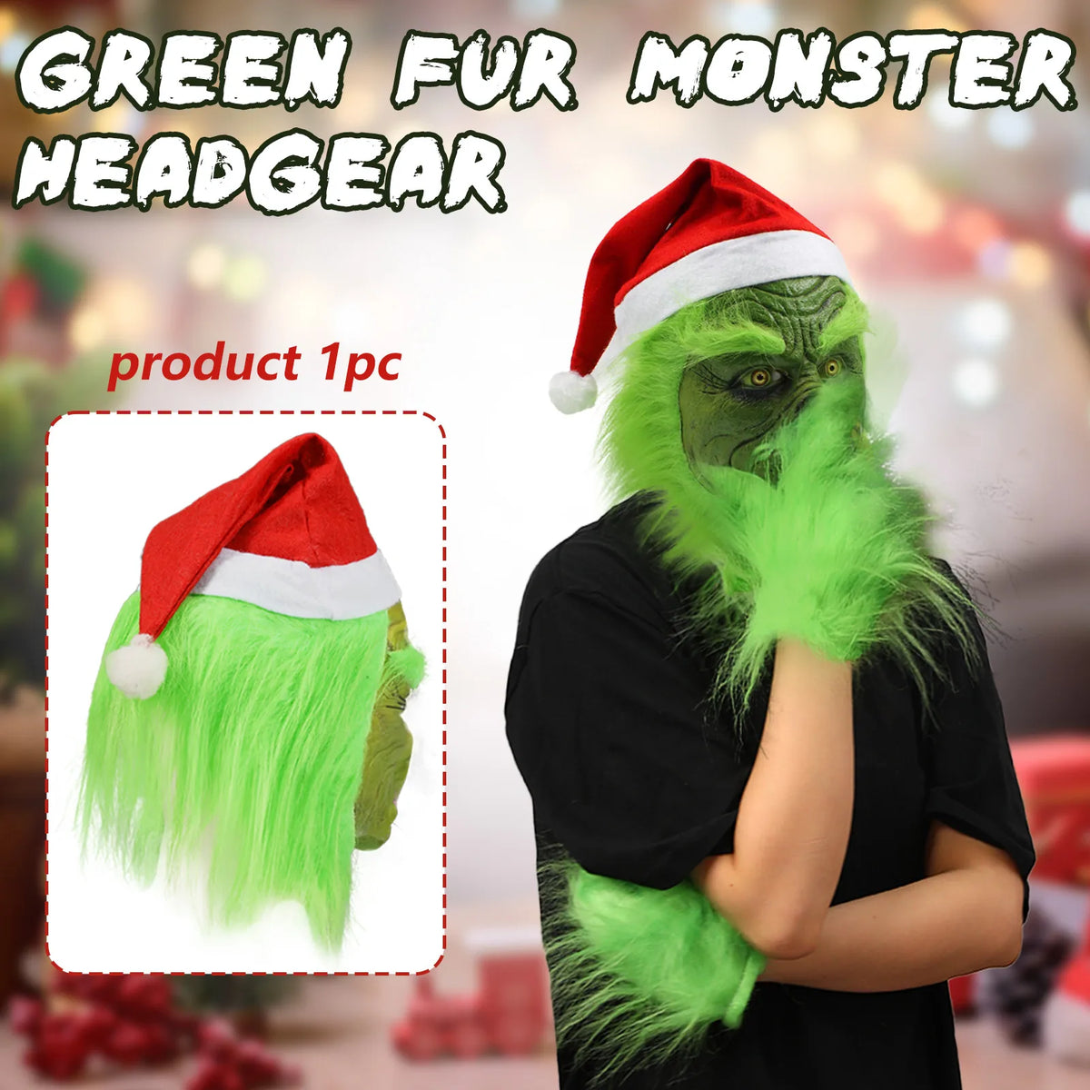 The green monster mask information graphic identifies one headpiece beside a styled model. This style has a wrinkled face and red hat.
