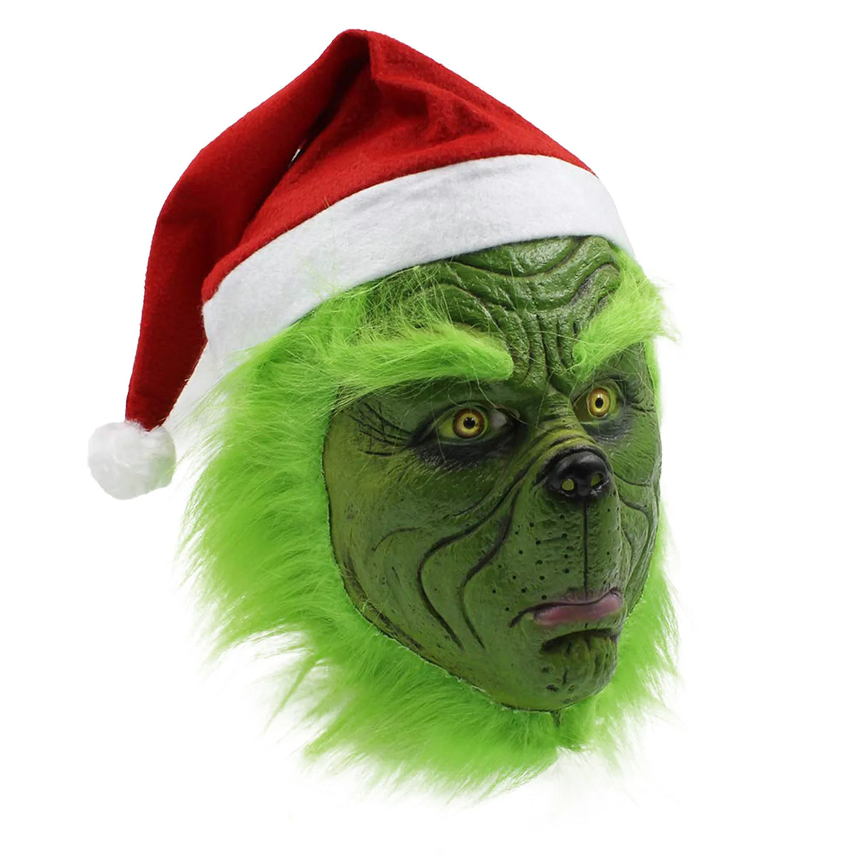 A turned view shows the wrinkled green monster mask face and white-trimmed red hat.