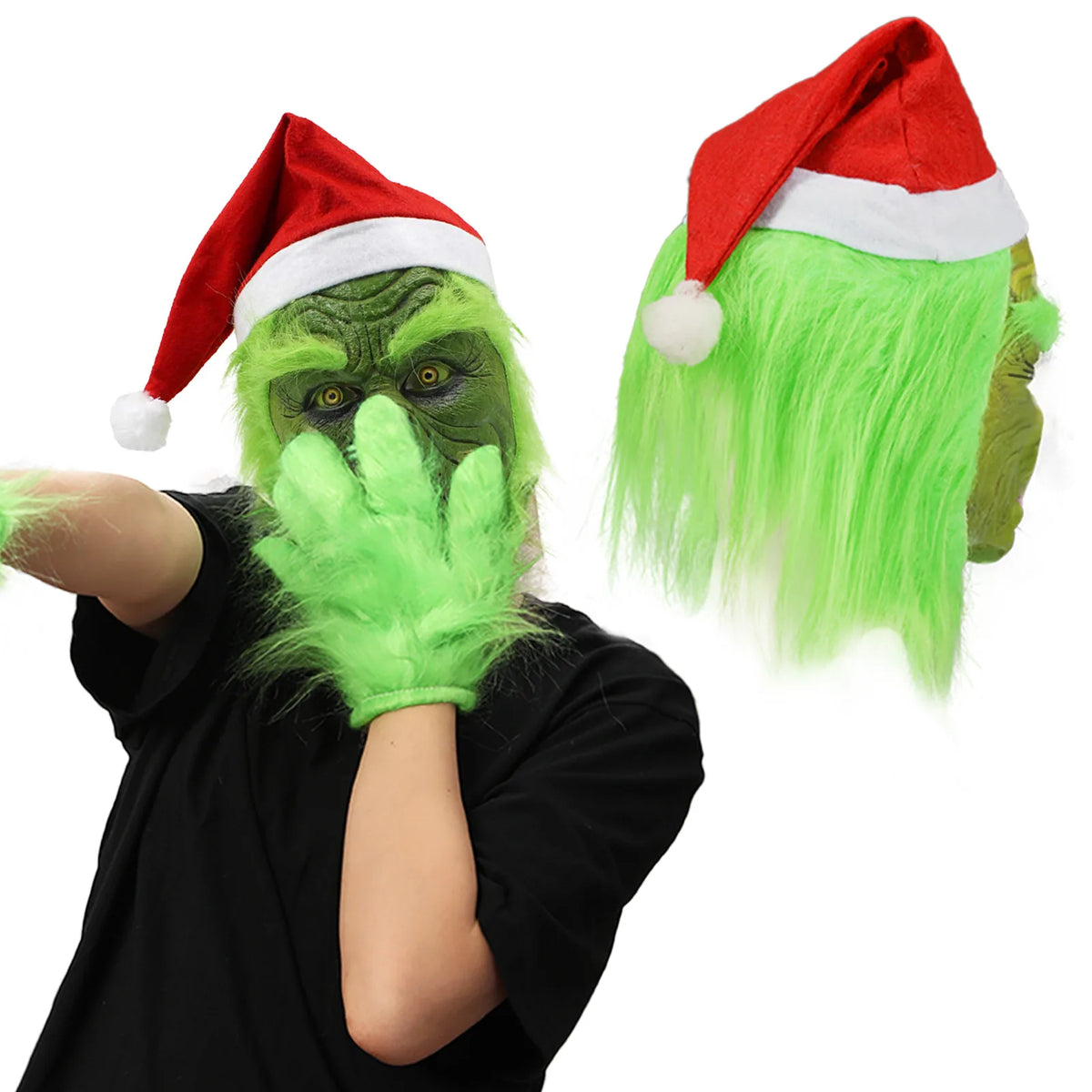 A worn view and isolated green monster mask show the selected face design. This style has a wrinkled face and red hat.