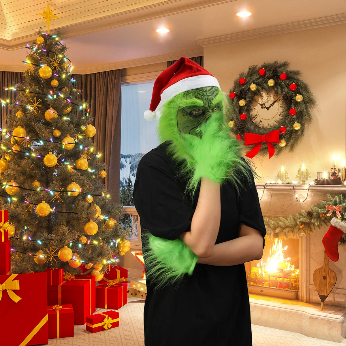 A model wears the green monster mask beside a decorated Christmas tree. This style has a wrinkled face and red hat.