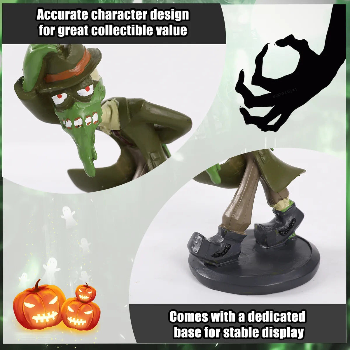 Detail graphic of the green mud monster figurine highlights the green face, hat, coat, and stable base.