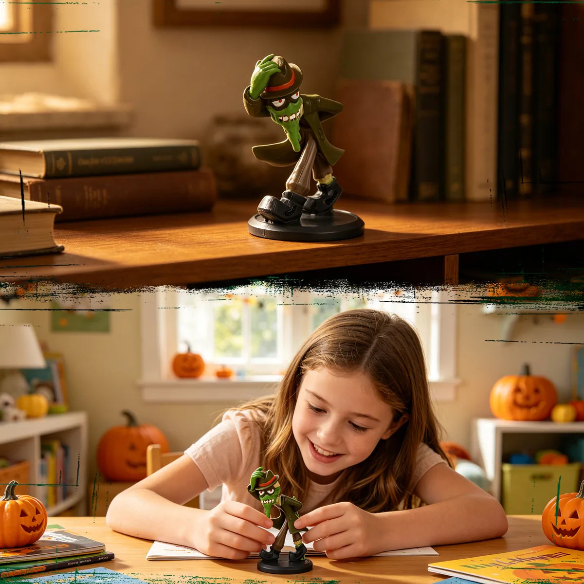 Green mud monster figurine displayed on a desk near a child drawing.