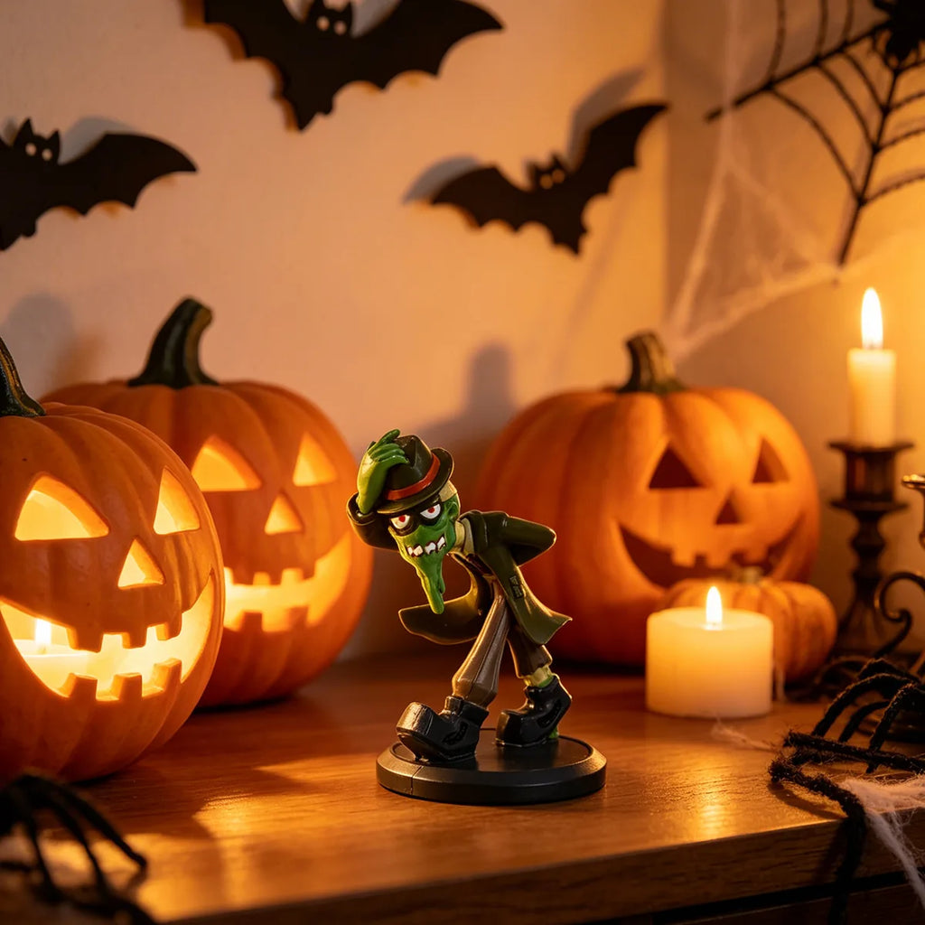 The green mud monster figurine pumpkin displayed in a styled Halloween scene for visual context.