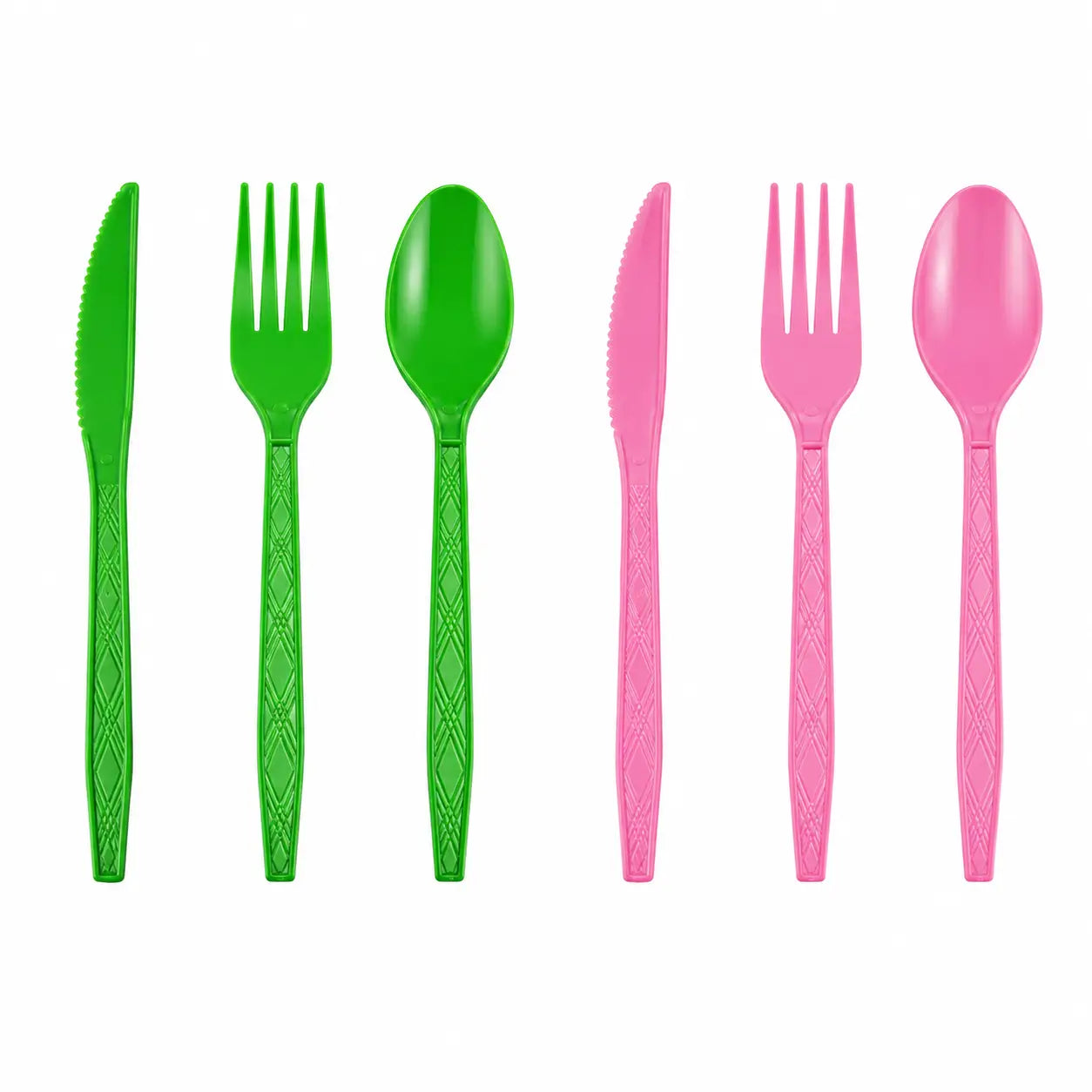 Green and pink disposable plastic cutlery set with knives, forks, and spoons for witch party, Halloween, birthday, and themed tableware.