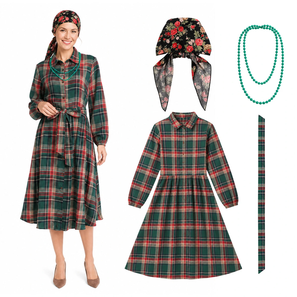 Green plaid dress shown with its separate matching belt, floral headscarf and green beaded necklace.