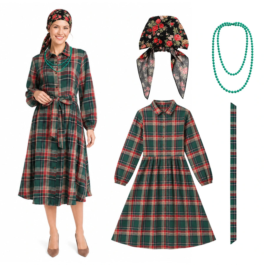 Green plaid dress shown with its separate matching belt, floral headscarf and green beaded necklace.