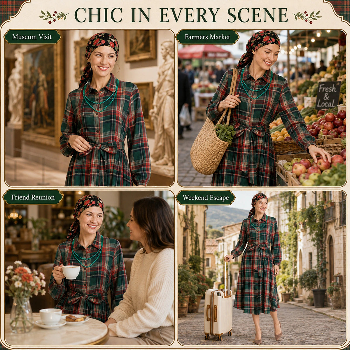 The same green plaid dress and floral headscarf shown in museum, market, cafe and travel scenes.
