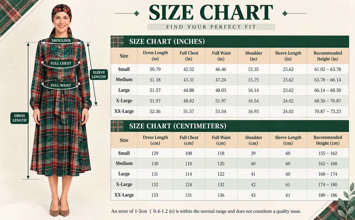 Green plaid dress garment size chart showing length, chest, waist, shoulders and sleeves in inches and centimeters.