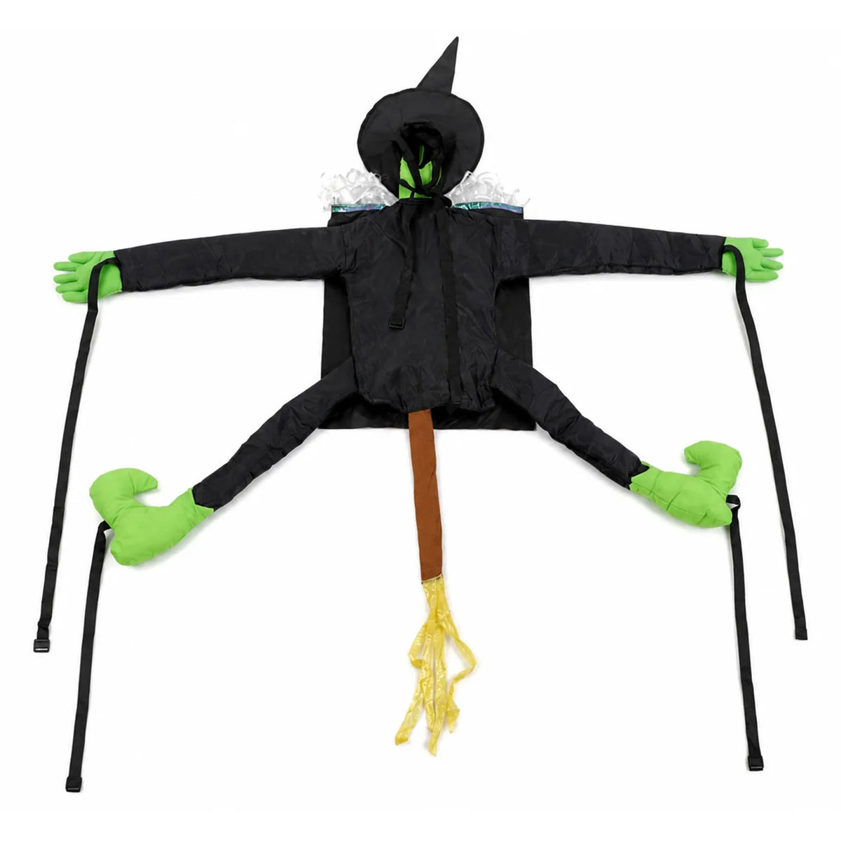 Back view of the green sequin tree hugging witch, showing the rear shape and visible construction.