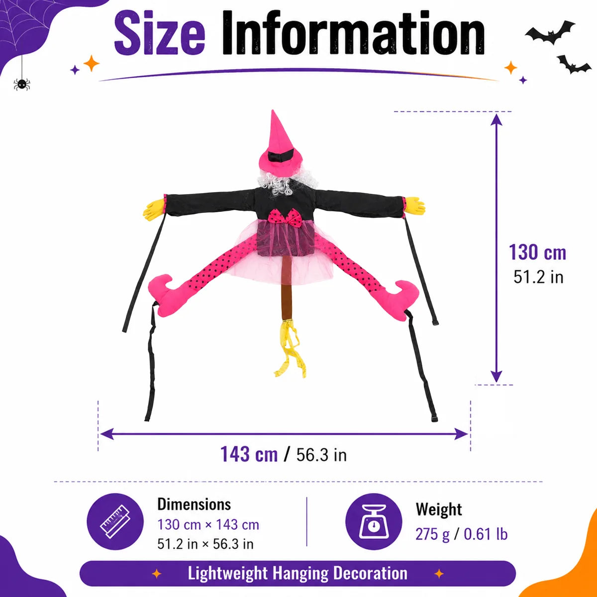 Size graphic shows the green sequin tree-hugging witch dimensions and weight.