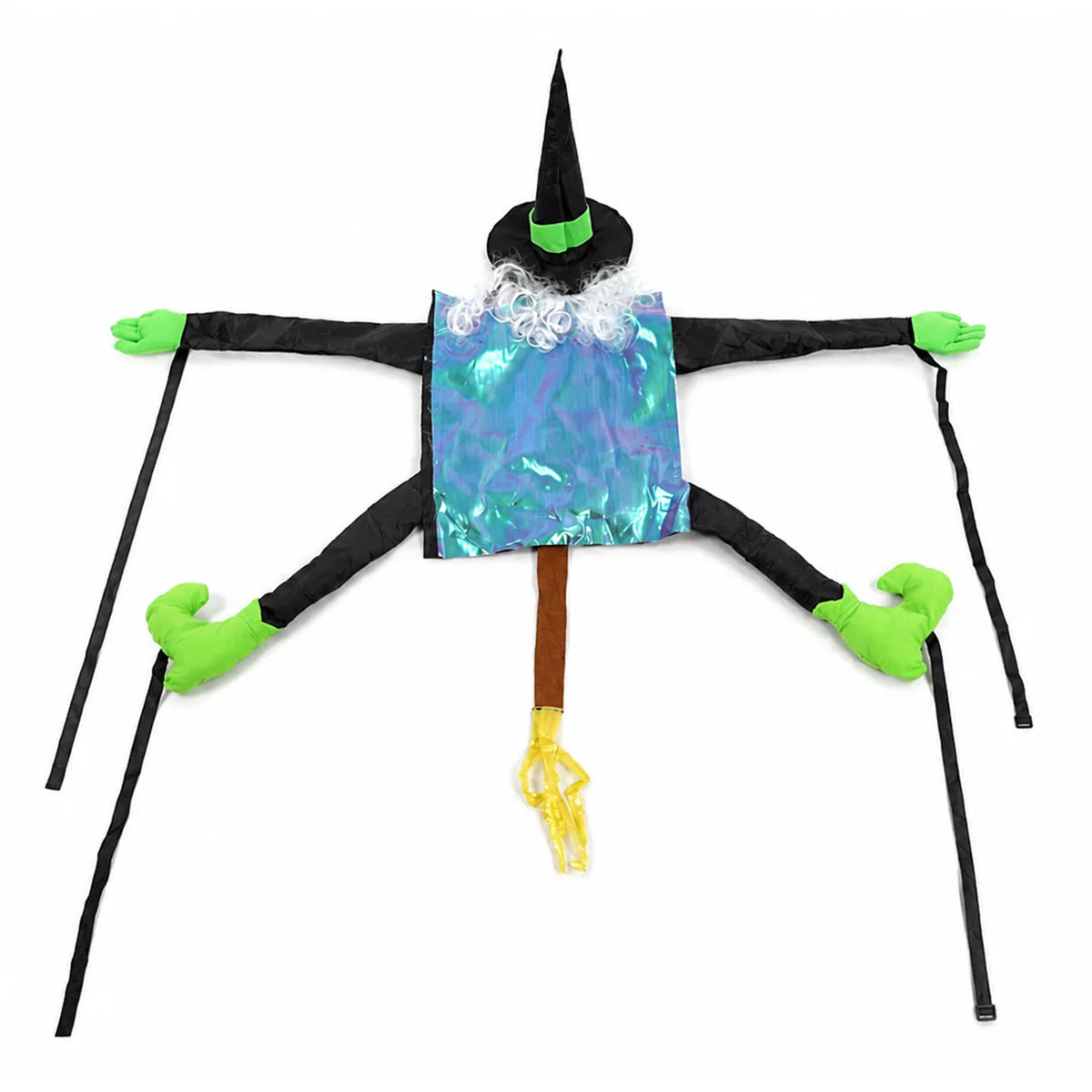 Front view of the green sequin tree hugging witch, showing its overall shape and visible design.