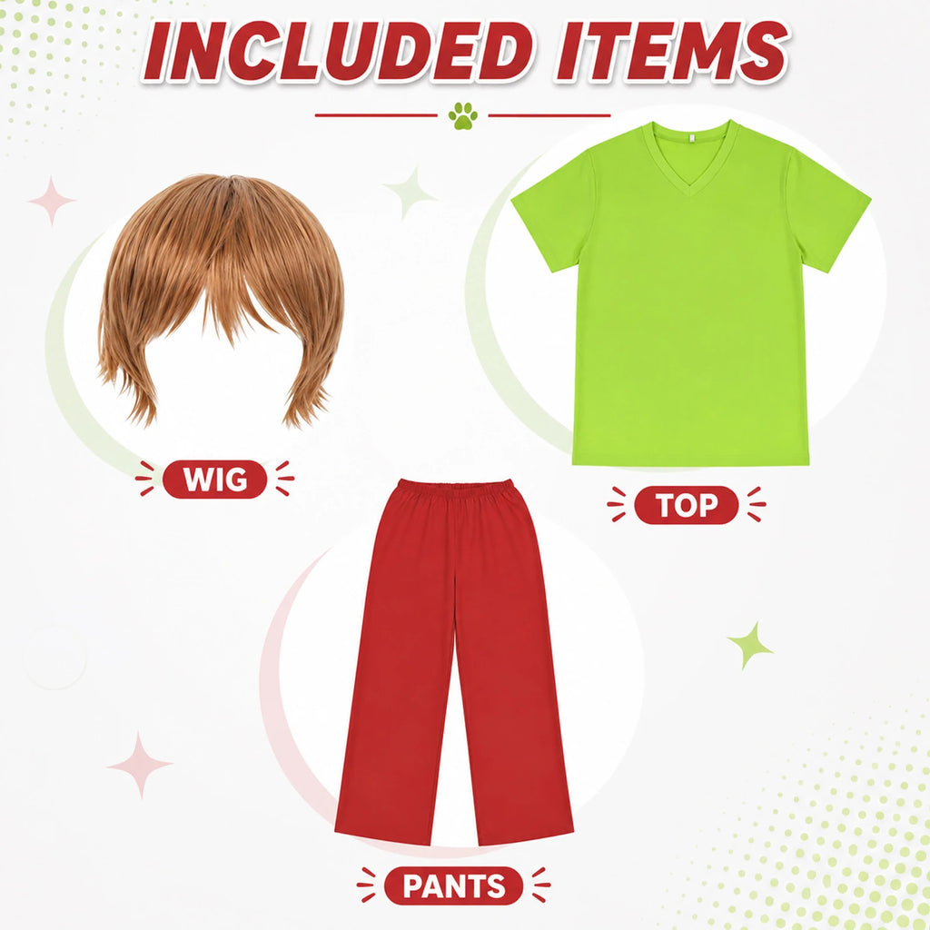 Green shirt, red pants and brown wig costume contents for adults