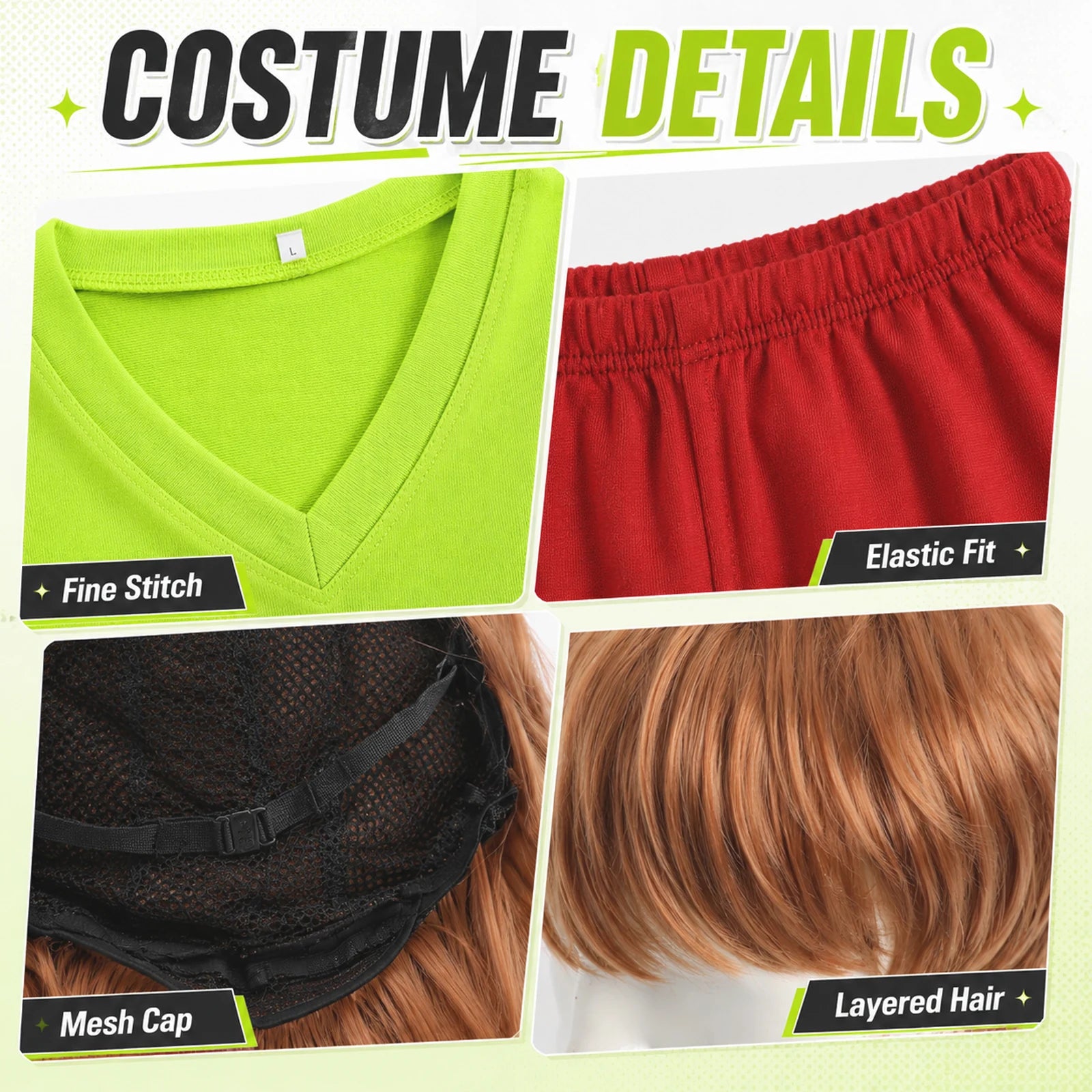 Green V-neck shirt, red elastic-waist pants and brown wig detail view