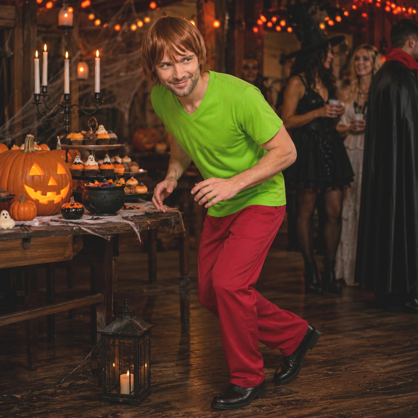Green shirt and red pants Halloween costume for adults, lifestyle view three