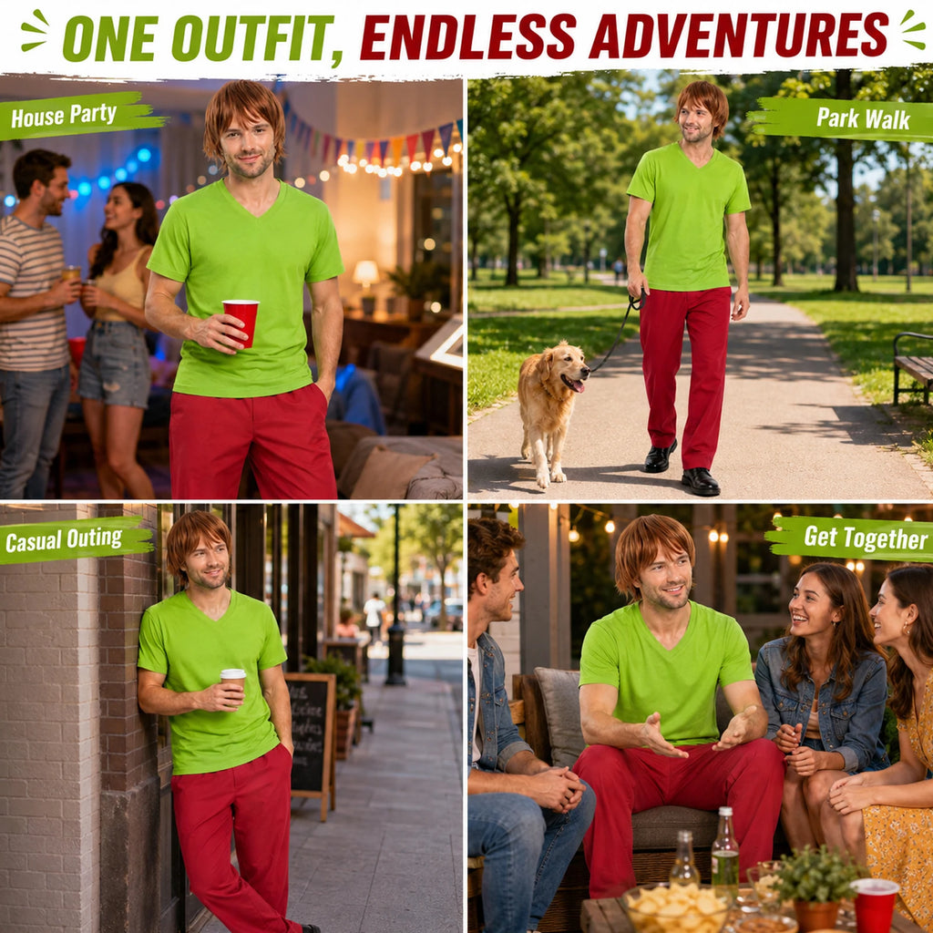 Adult green shirt, red pants and brown wig costume, lifestyle view four