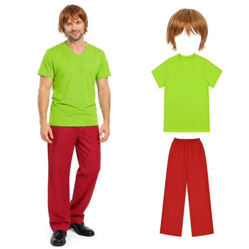 Adult green shirt and red pants costume set with short brown wig, front view