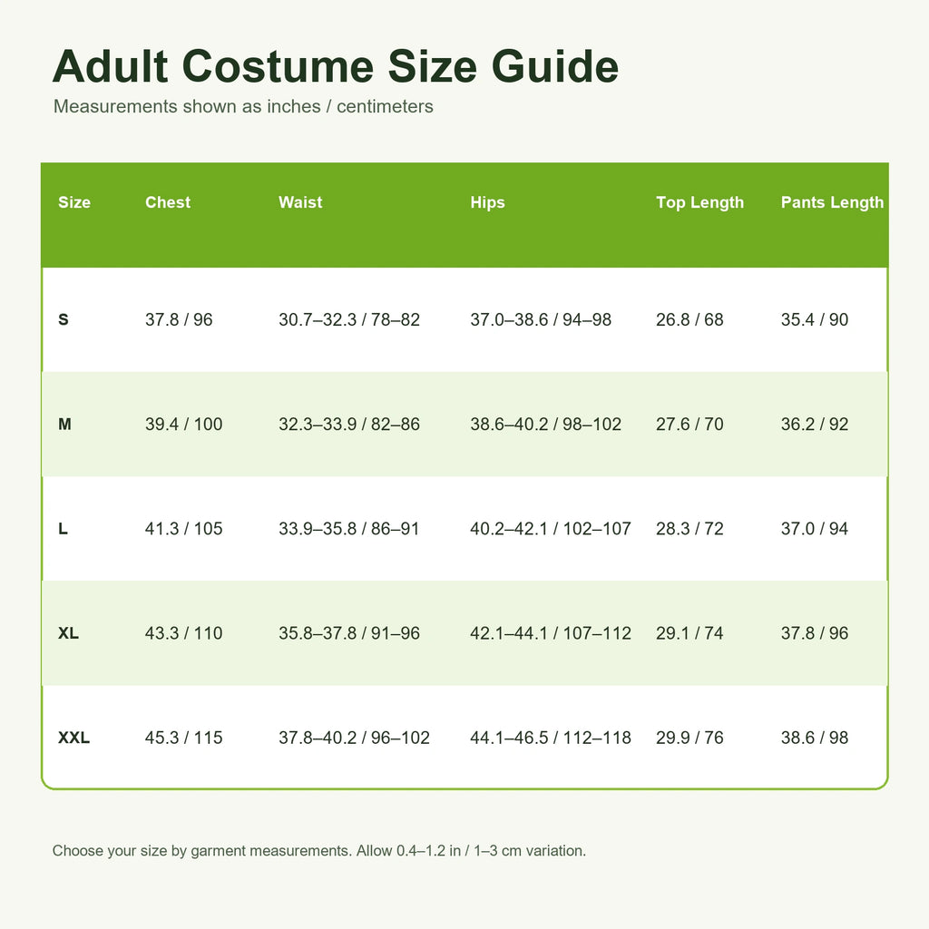 Adult green shirt and red pants costume size guide from S to XXL