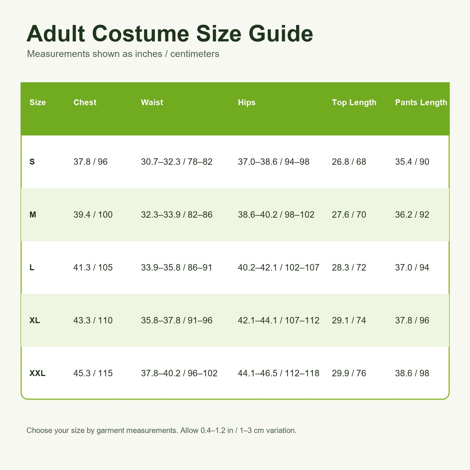 Adult green shirt and red pants costume size guide from S to XXL