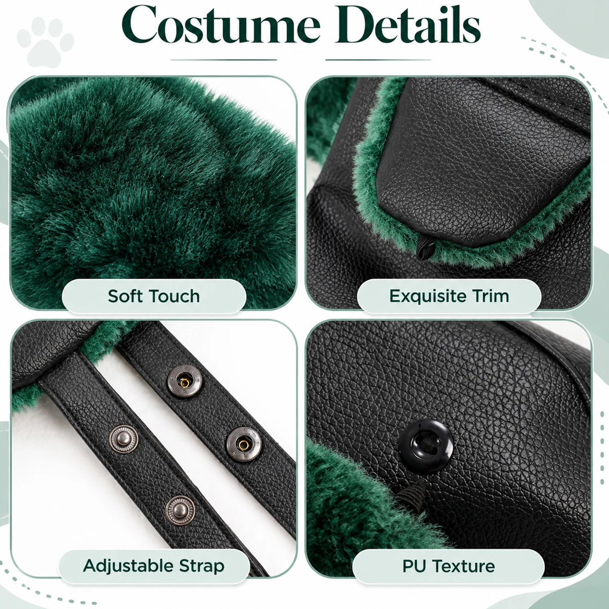 Close-ups of the green hat trim, black textured panels, adjustable snap strap and fastening loop.