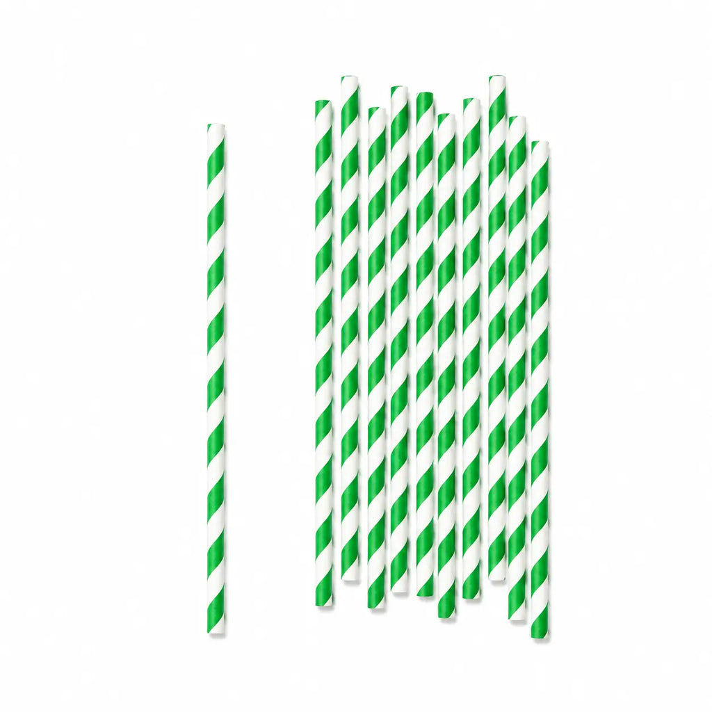 Green and white striped paper straws for witch party, Halloween, birthday, and themed party drink decorations.