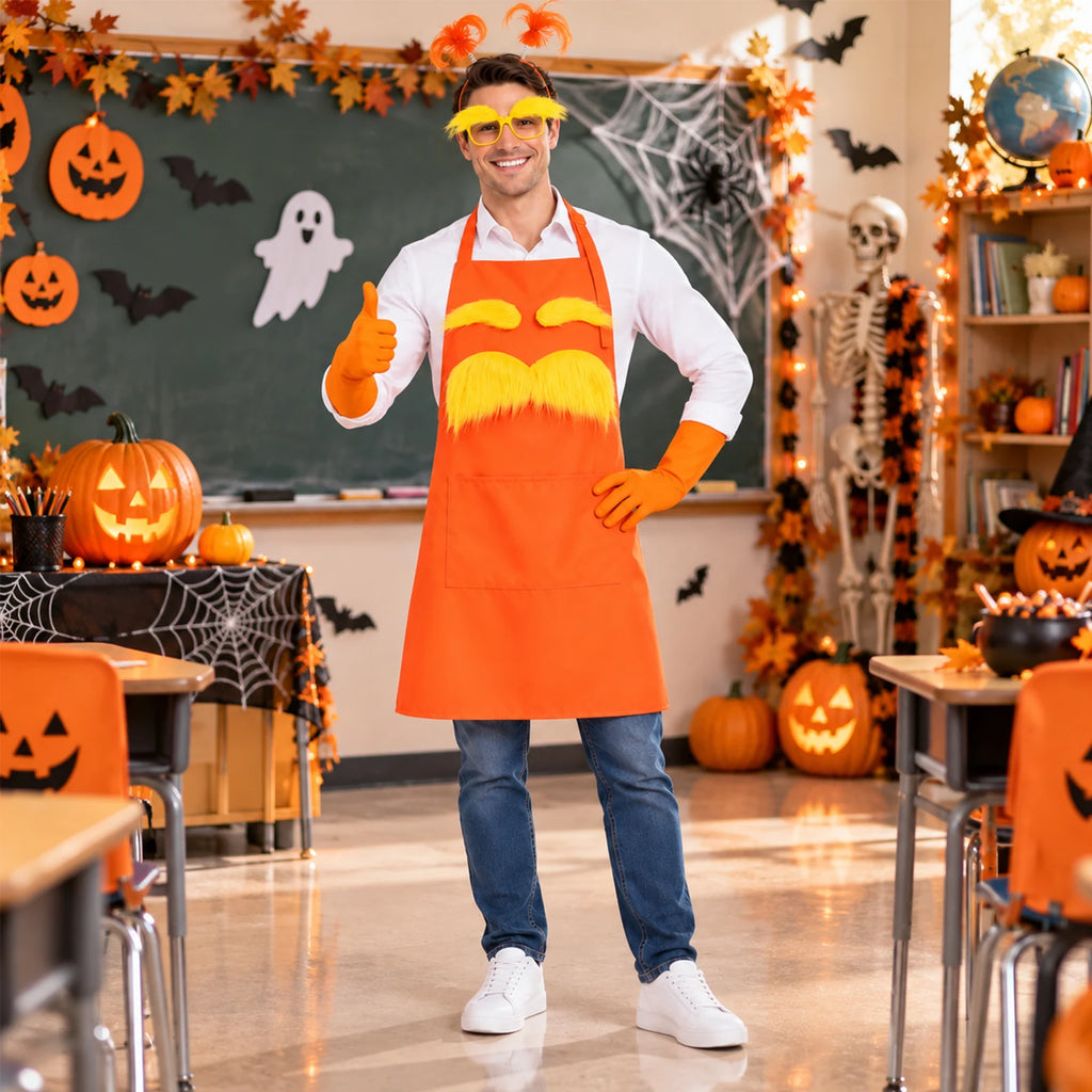 Adult wearing the orange apron costume and yellow glasses in a Halloween-decorated classroom