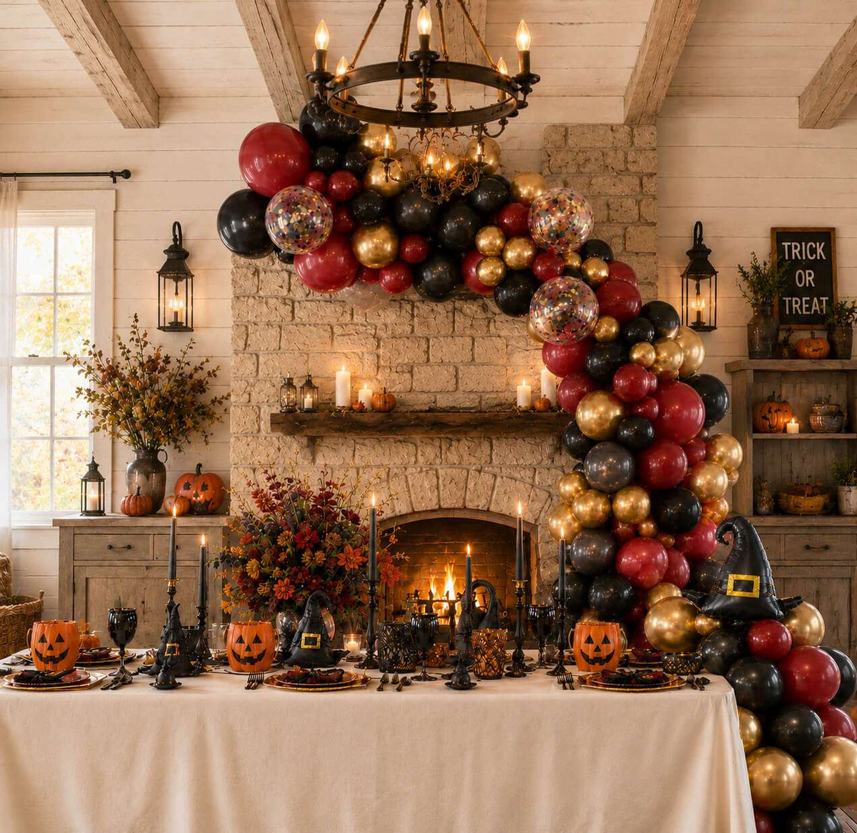 Elegant Halloween party setup with a black, burgundy, and gold balloon garland around a stone fireplace, featuring pumpkin table decor, candles, witch hats, and cozy autumn decorations in a rustic living room