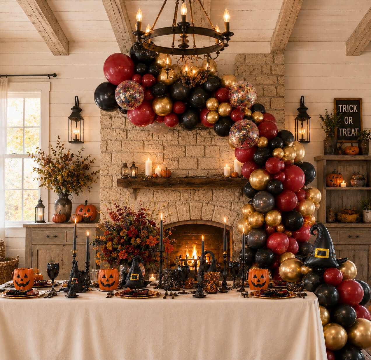 Elegant Halloween party setup with a black, burgundy, and gold balloon garland around a stone fireplace, featuring pumpkin table decor, candles, witch hats, and cozy autumn decorations in a rustic living room