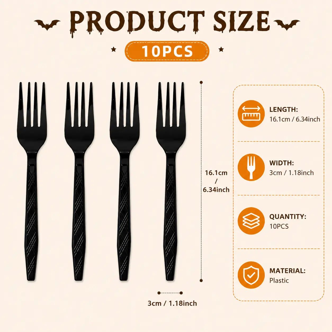 Black plastic forks for Halloween party tableware, disposable reusable style cutlery set with 10 pieces