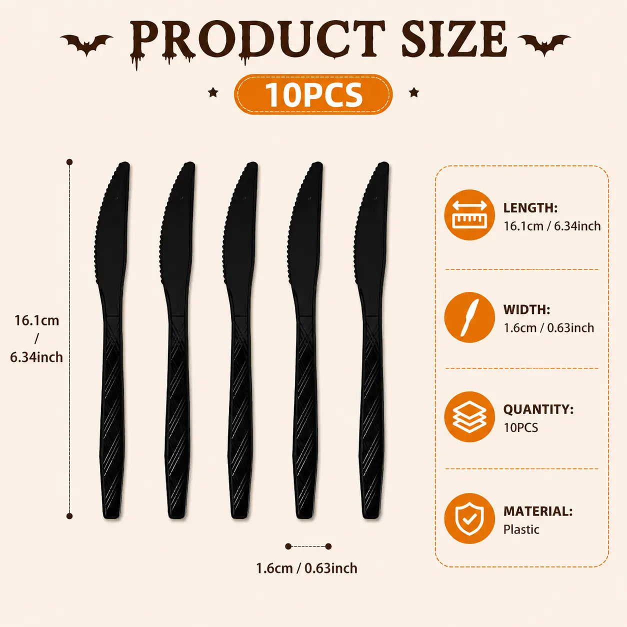 Black plastic knives for Halloween party tableware, disposable reusable style cutlery set with 10 pieces