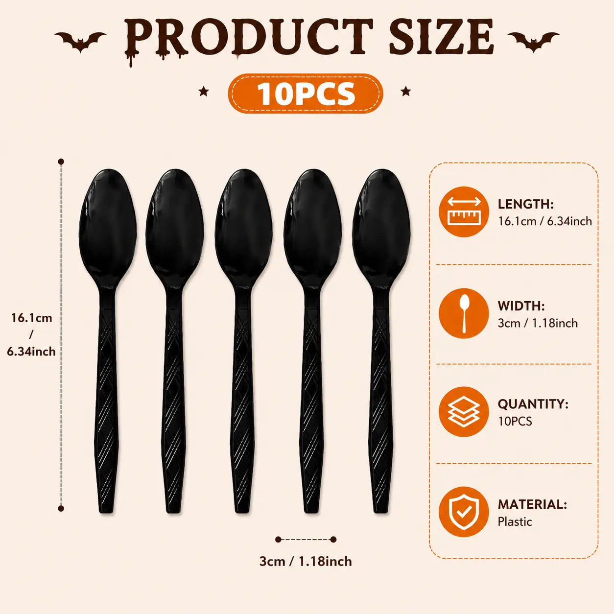 Black plastic spoons for Halloween party tableware, disposable reusable style cutlery set with 10 pieces