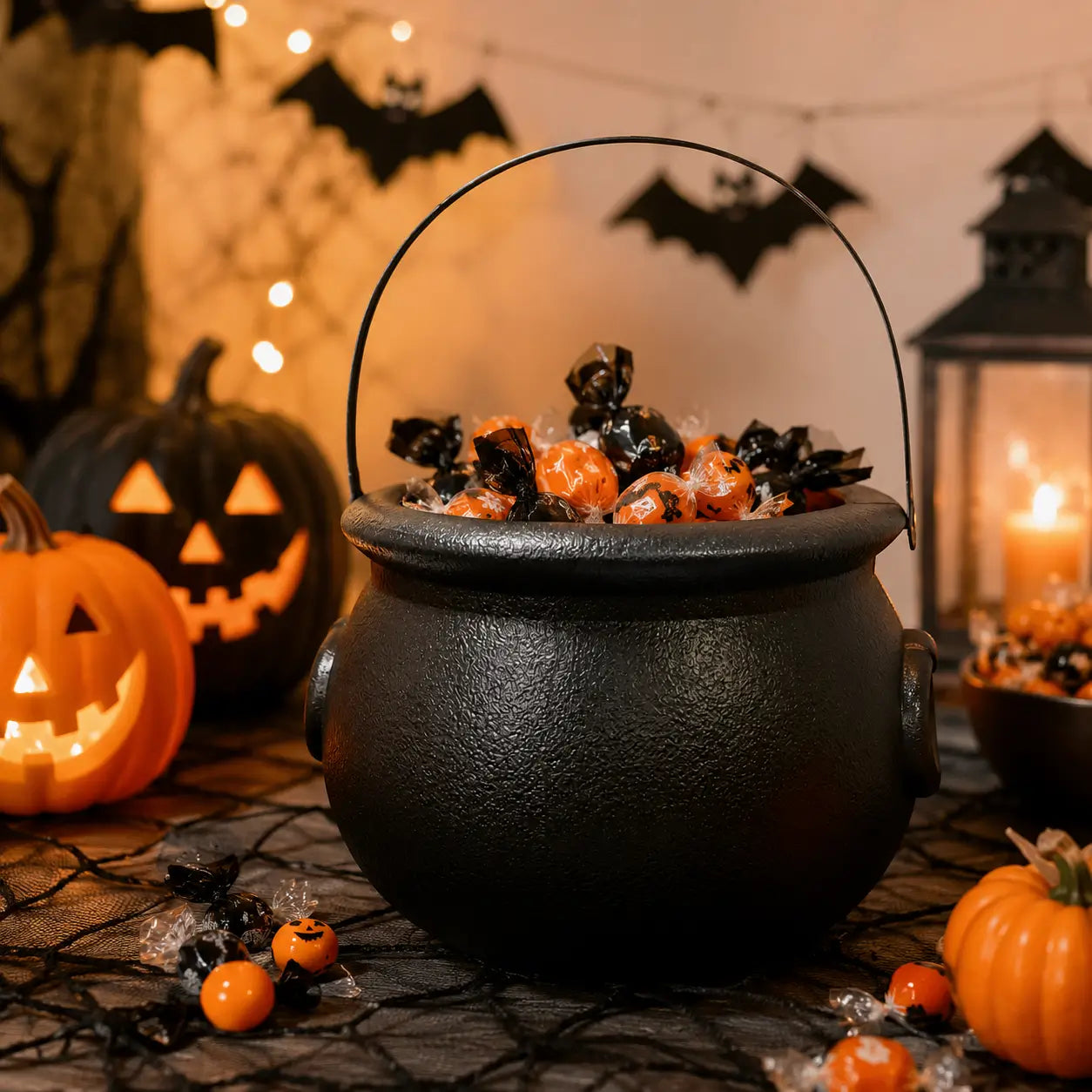 Black witch cauldron filled with Halloween candy in a spooky party scene with pumpkins, bats, lanterns, and warm lights.