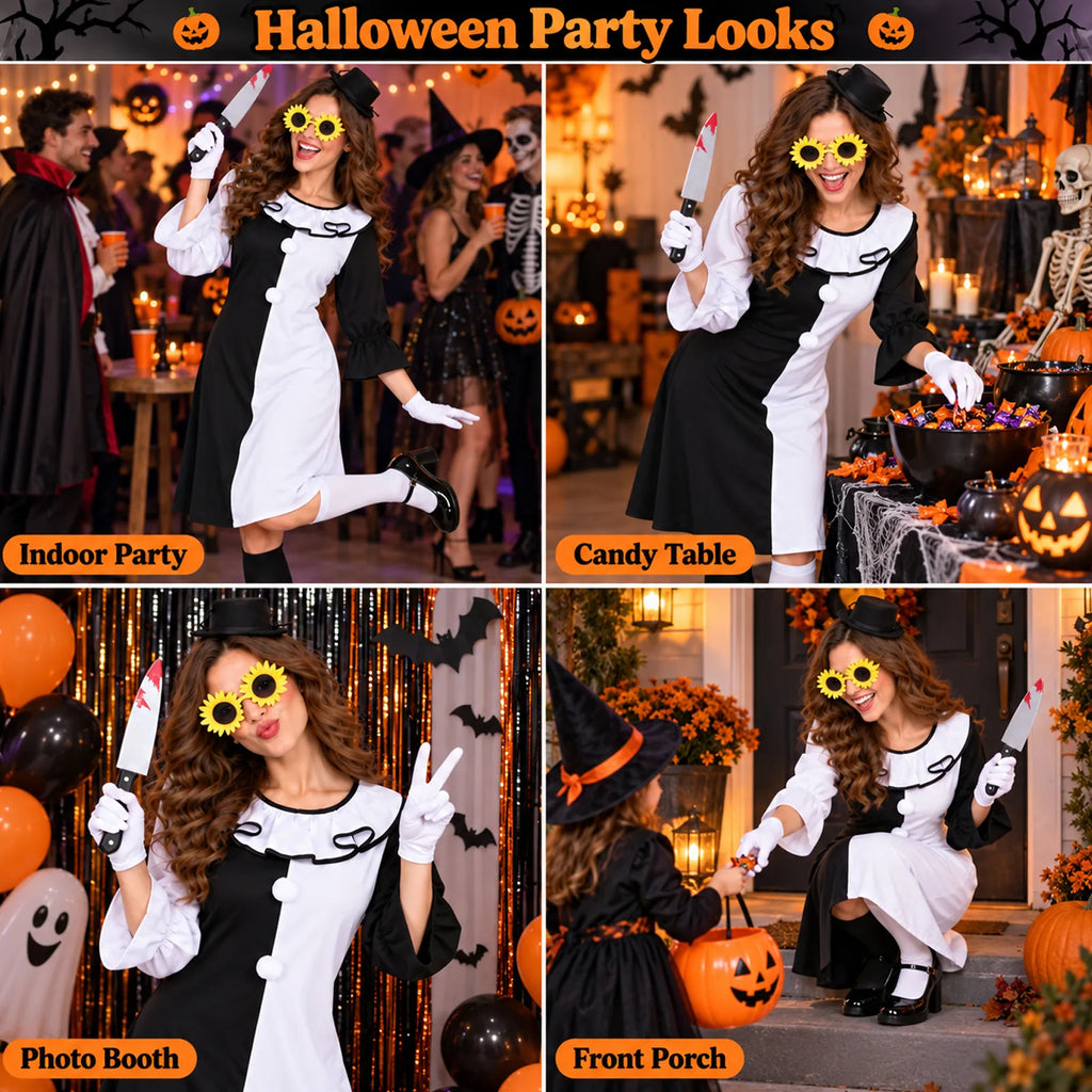 Women's clown costume shown across an indoor party, candy table, photo booth and front-porch Halloween scene.