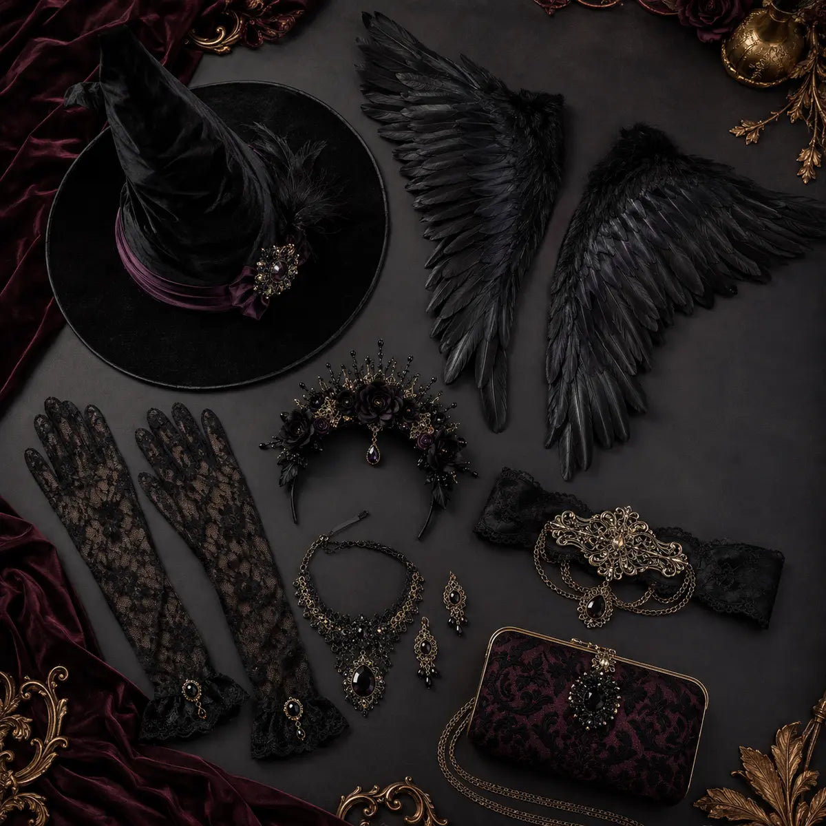 Black witch hat, feathered wings, lace gloves, belt and gothic costume jewelry