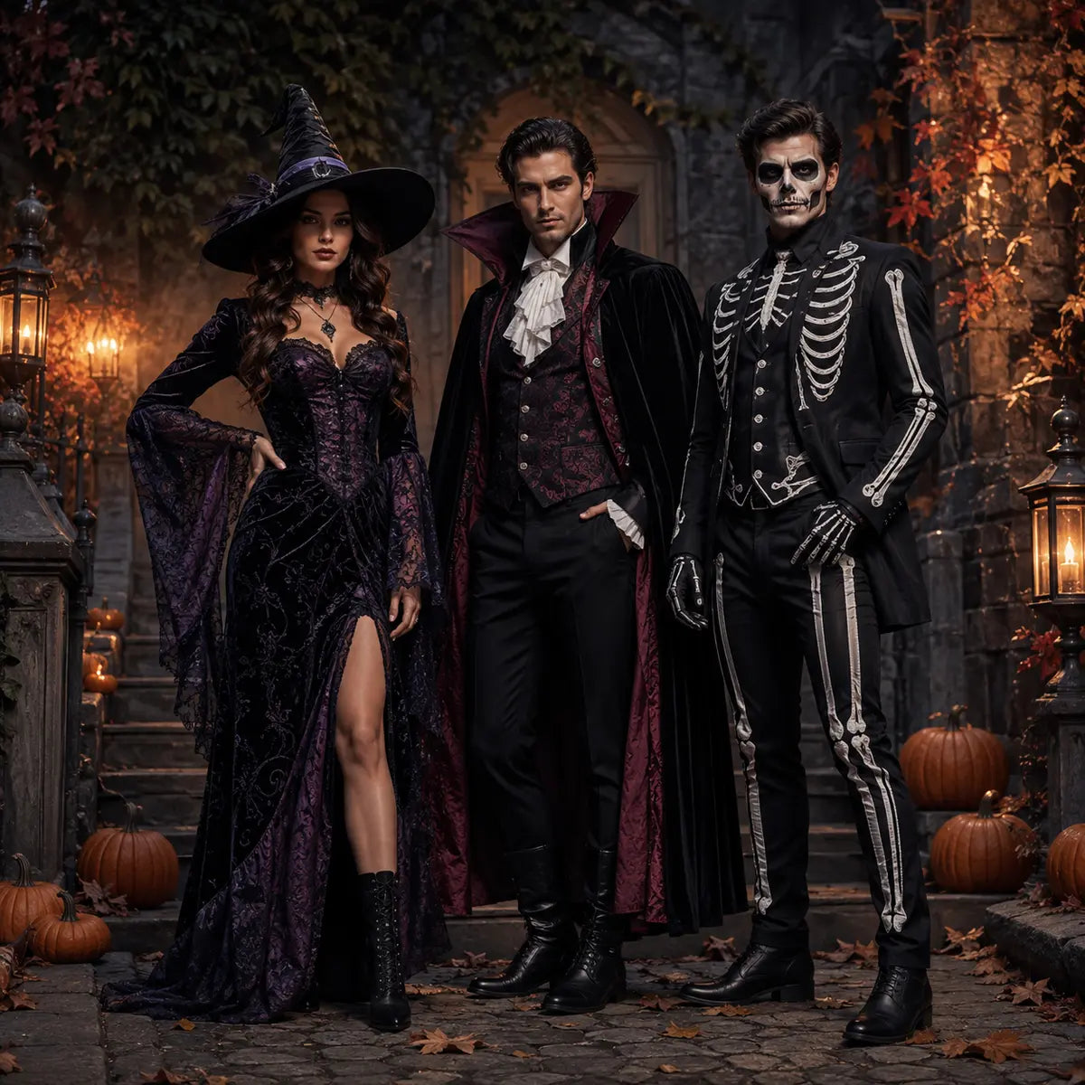 Adults wearing elegant witch, gothic vampire and skeleton-inspired Halloween costumes
