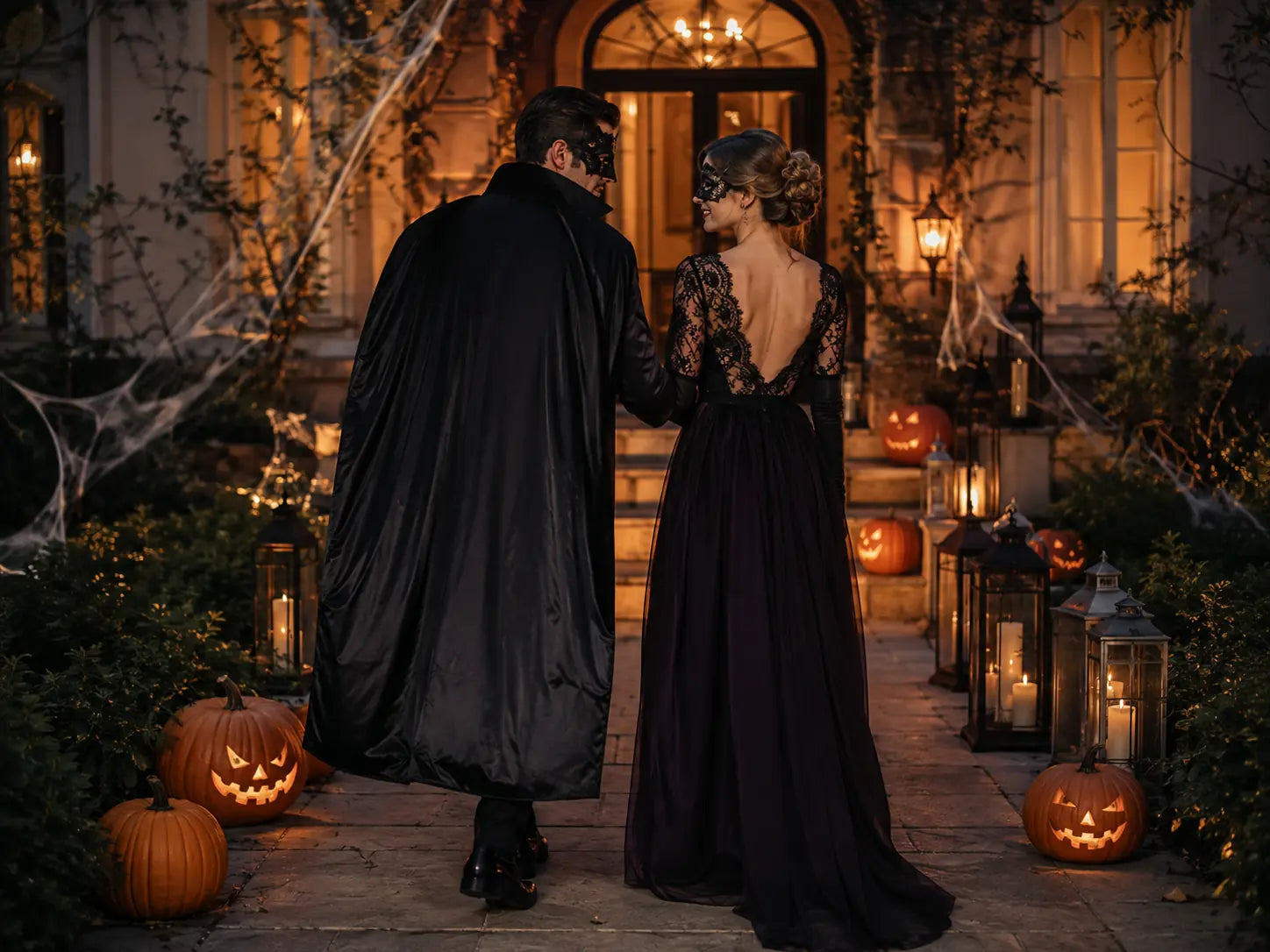 Costumed adults approaching an elegant candlelit Halloween entryway